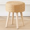Round Ottoman Footstool Natural Seagrass Foot Stool Pouf Ottomans with Solid Wood Legs Hand Weave Hyacinth Footrest Step Stool for Living Room Balcony