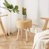 Round Ottoman Footstool Natural Seagrass Foot Stool Pouf Ottomans with Solid Wood Legs Hand Weave Hyacinth Footrest Step Stool for Living Room Balcony
